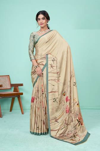 Cream Crape Soft Silk c c Designer Digital Printed Graceful Partywear Saree
