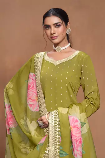 Green embroidered roman silk sharara suit