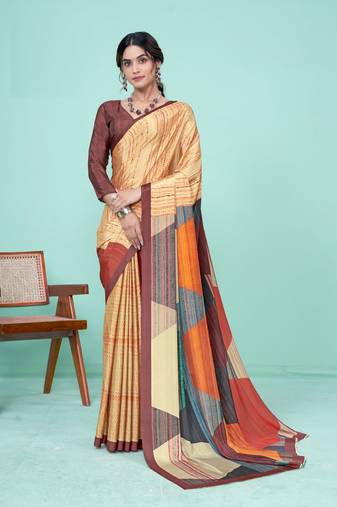 Yellow Crape Soft Silk c c Designer Digital Printed Graceful Partywear Saree