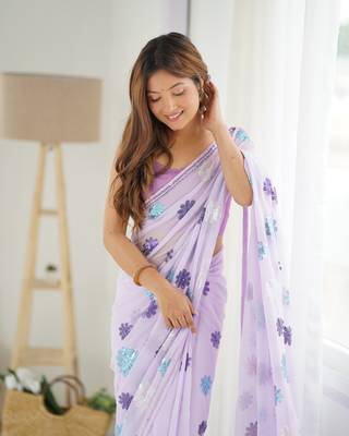 Lavender Faux Georgette Sequins Embroidered Party Wear Saree 3