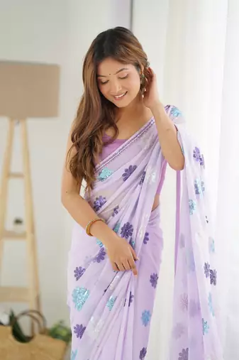 Lavender Faux Georgette Sequins Embroidered Party Wear Saree