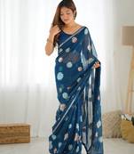 Teal Blue Faux Georgette Multy Sequance Embroidery Work Graceful Bollywood Style Saree