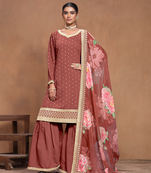 Dark peach embroidered roman silk semi stitched sharara suit