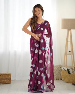 Wine Faux Georgette Multy Sequin Embroidery Work Graceful Style Saree 1