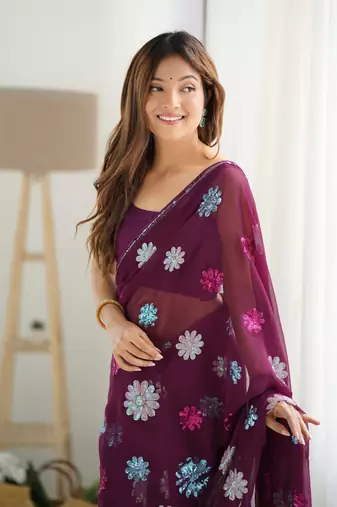 Wine Faux Georgette Multy Sequin Embroidery Work Graceful Style Saree