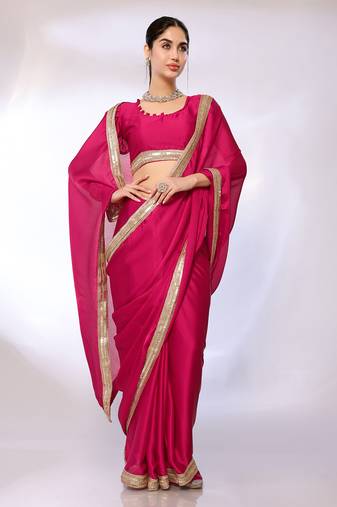 Pink Embroidered Satin Designer Saree With Blouse