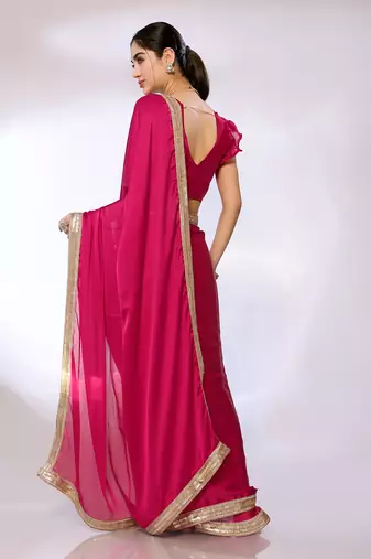 Pink Embroidered Satin Designer Saree With Blouse