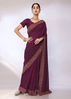 Purple Embroidered Poly Silk Designer Saree With Blouse 1
