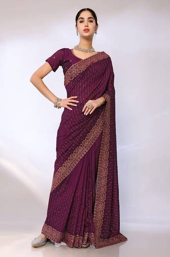 Purple Embroidered Poly Silk Designer Saree With Blouse