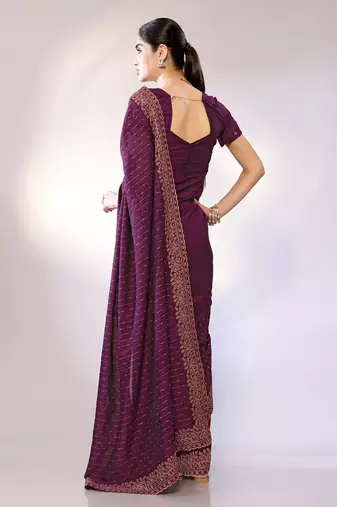 Purple Embroidered Poly Silk Designer Saree With Blouse
