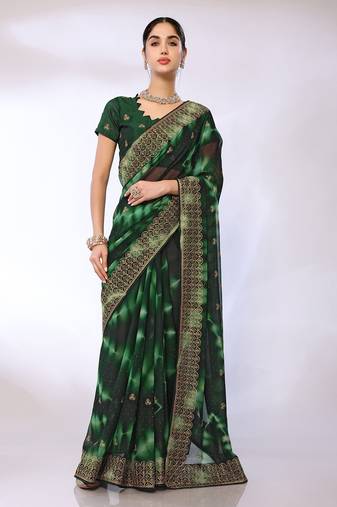 Green Embroidered Georgette Designer Saree With Blouse