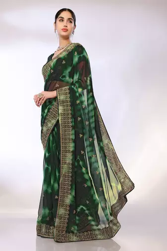 Green Embroidered Georgette Designer Saree With Blouse