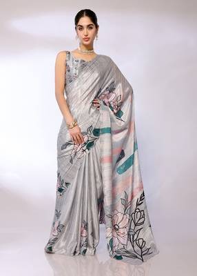 Grey Embroidered Chiffon Designer Saree With Blouse 1