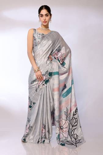 Grey Embroidered Chiffon Designer Saree With Blouse