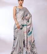Grey Embroidered Chiffon Designer Saree With Blouse
