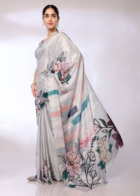 Grey Embroidered Chiffon Designer Saree With Blouse 2
