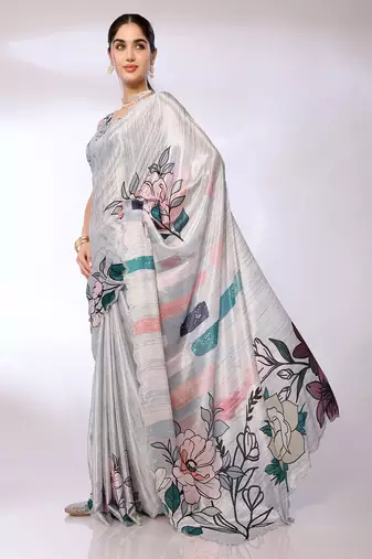 Grey Embroidered Chiffon Designer Saree With Blouse