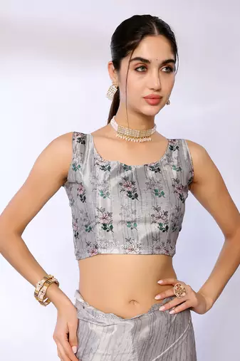 Grey Embroidered Chiffon Designer Saree With Blouse