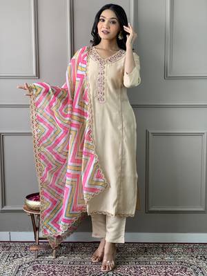 Chiku colour viscosee chanderi fabric embroidered partyware festive readymade salwar kameez 1