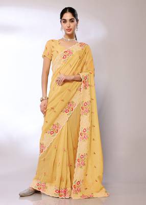 Yellow Embroidered Tissue  Designer Saree With Blouse 1