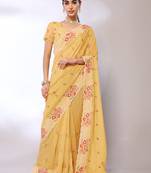Yellow Embroidered Tissue  Designer Saree With Blouse