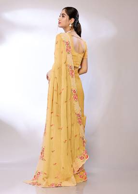 Yellow Embroidered Tissue  Designer Saree With Blouse 2