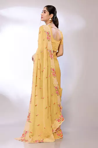 Yellow Embroidered Tissue  Designer Saree With Blouse