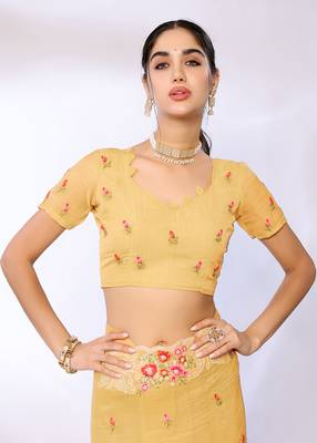 Yellow Embroidered Tissue  Designer Saree With Blouse 3
