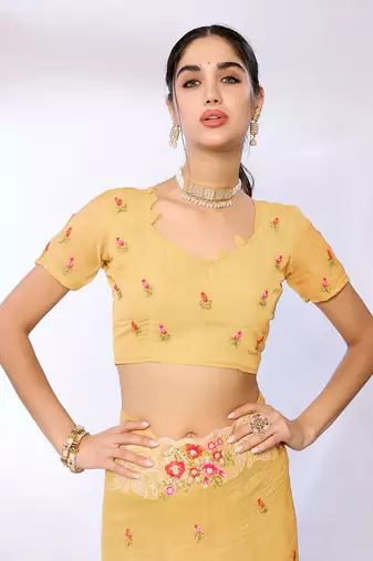 Yellow Embroidered Tissue  Designer Saree With Blouse
