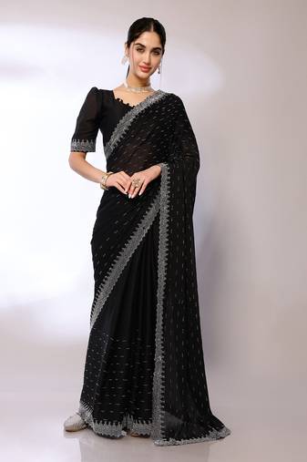 Black Embroidered Satin Designer Saree With Blouse