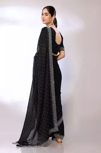 Black Embroidered Satin Designer Saree With Blouse