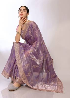 Lavender Embroidered Chiffon Designer Saree With Blouse 1