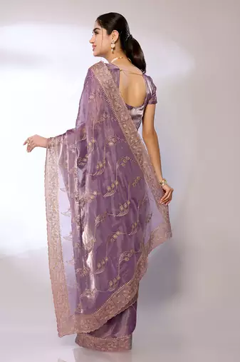 Lavender Embroidered Chiffon Designer Saree With Blouse