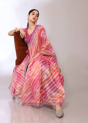 Pink Embroidered Tissue  Designer Saree With Blouse 1