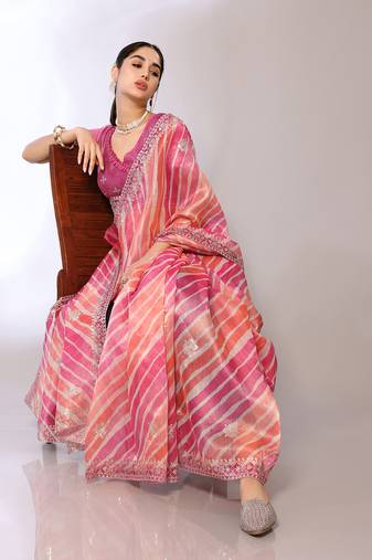 Pink Embroidered Tissue  Designer Saree With Blouse