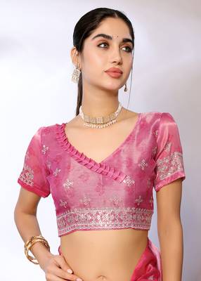 Pink Embroidered Tissue  Designer Saree With Blouse 2
