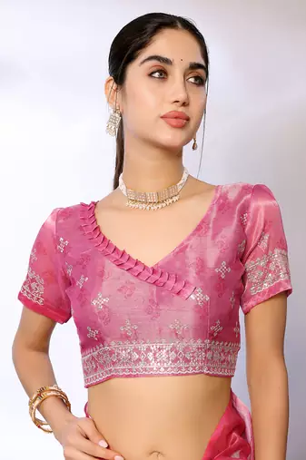 Pink Embroidered Tissue  Designer Saree With Blouse
