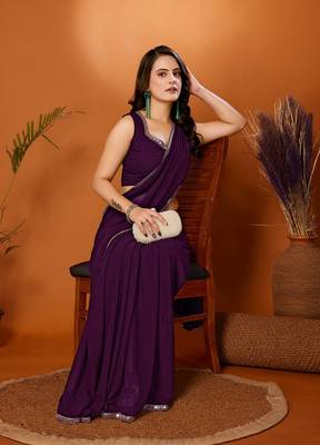 Purple Embroidered Georgette Designer Saree With Blouse 1