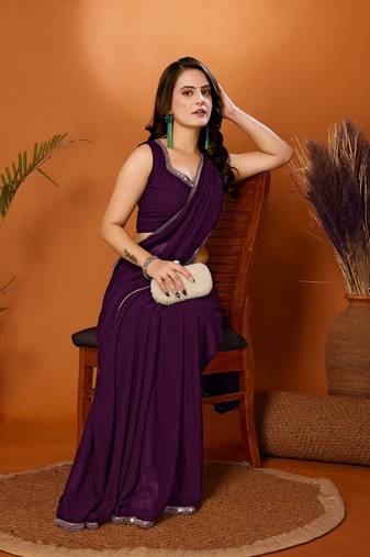 Purple Embroidered Georgette Designer Saree With Blouse
