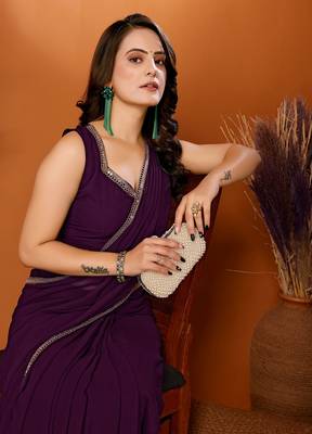 Purple Embroidered Georgette Designer Saree With Blouse 2