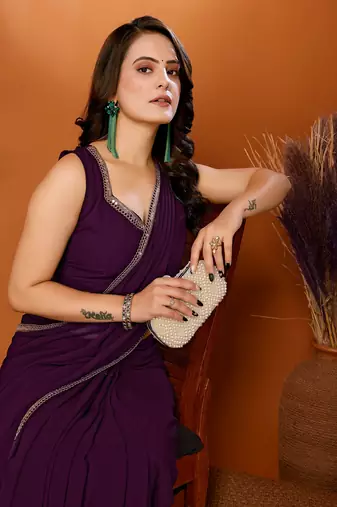 Purple Embroidered Georgette Designer Saree With Blouse