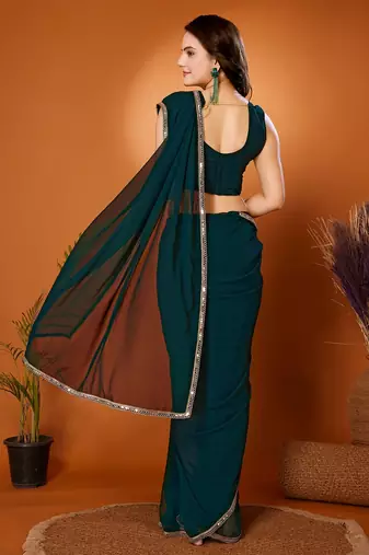 Blue Embroidered Georgette Designer Saree With Blouse