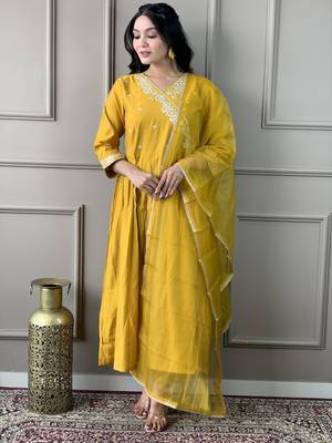 Mustard colour viscosee chanderi fabric embroidered partyware festive readymade salwar kameez 1