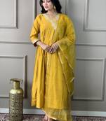 Mustard colour viscosee chanderi fabric embroidered partyware festive readymade salwar kameez