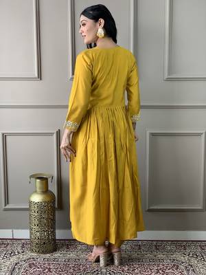 Mustard colour viscosee chanderi fabric embroidered partyware festive readymade salwar kameez 2