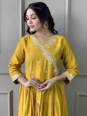 Mustard colour viscosee chanderi fabric embroidered partyware festive readymade salwar kameez 3