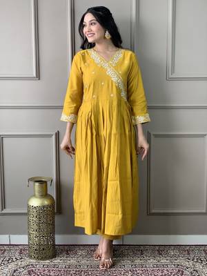 Mustard colour viscosee chanderi fabric embroidered partyware festive readymade salwar kameez 4