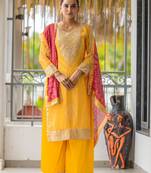 Yellow heavy palazzo dress with bandhani printed with zari embroidery work for rich glam look