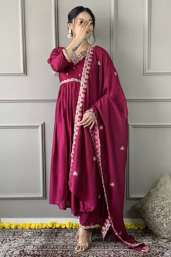 Pink colour c p vichitra fabric embroidered partyware festive readymade salwar kameez