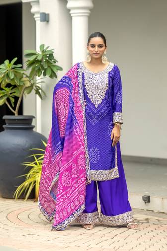 Purple heavy designer palazzo dress designer with bandhani printed with zari embroidery work for rich glam looks